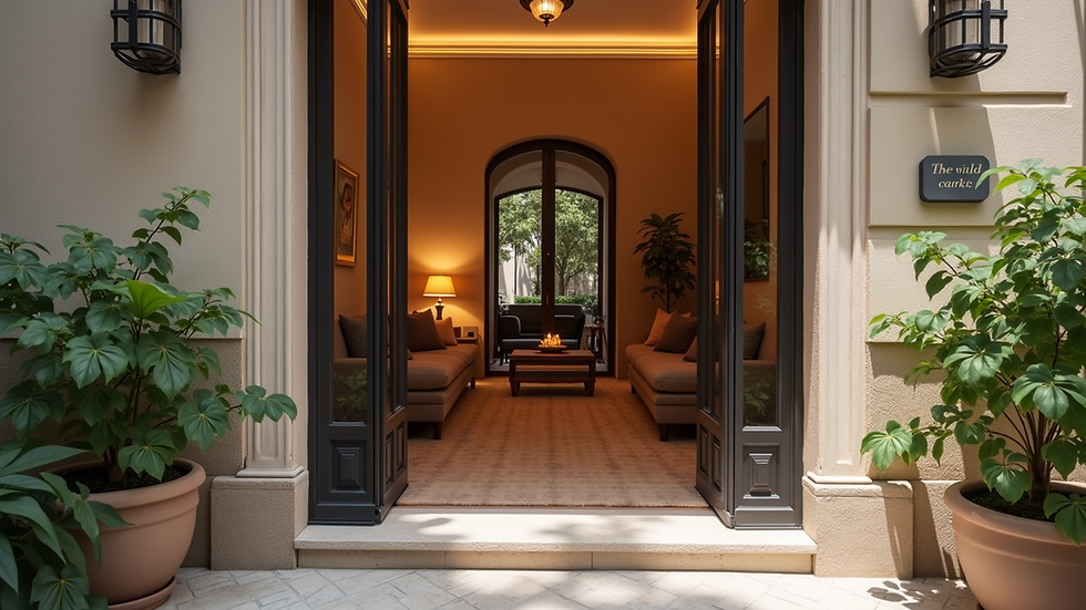 Eye-level view of a charming boutique hotel entrance with welcoming decor