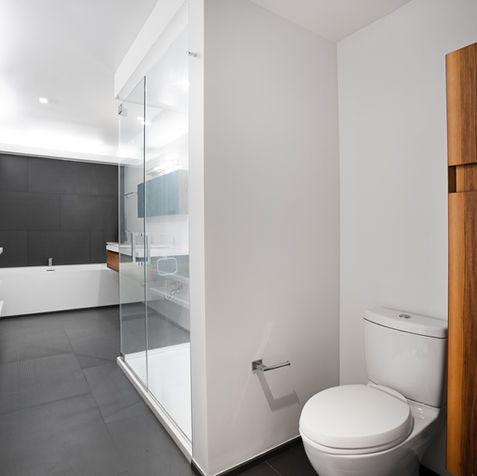 jacuzzi tub | floor and wall tiles | double floating vanity | toilet | pantry | double sink | double faucet | double medicine cabinet | walk-in shower | shower glass door | niche