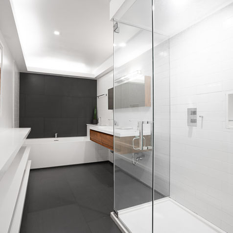 jacuzzi tub | floor and wall tiles | double floating vanity | toilet | pantry | double sink | double faucet | double medicine cabinet | walk-in shower | shower glass door | niche