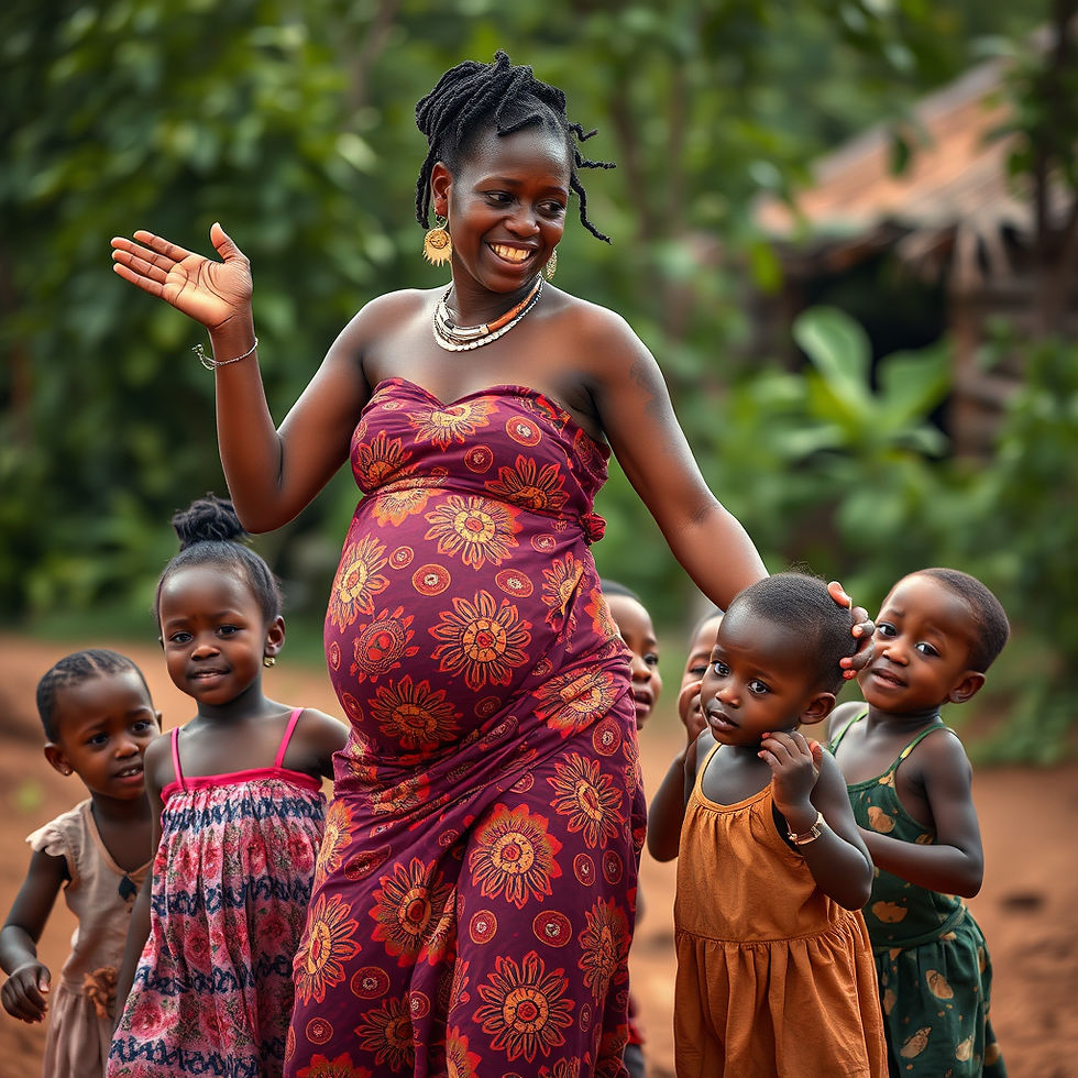A joyful Rwandan mother, surrounded by village children, eagerly anticipates the arrival of her new community member.