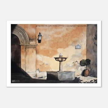 Watercolor-style painting of a sunlit Mediterranean building wall with an outdoor fountain and lantern