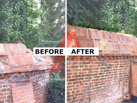 Before and after of a weathered garden brick wall restored and repointed