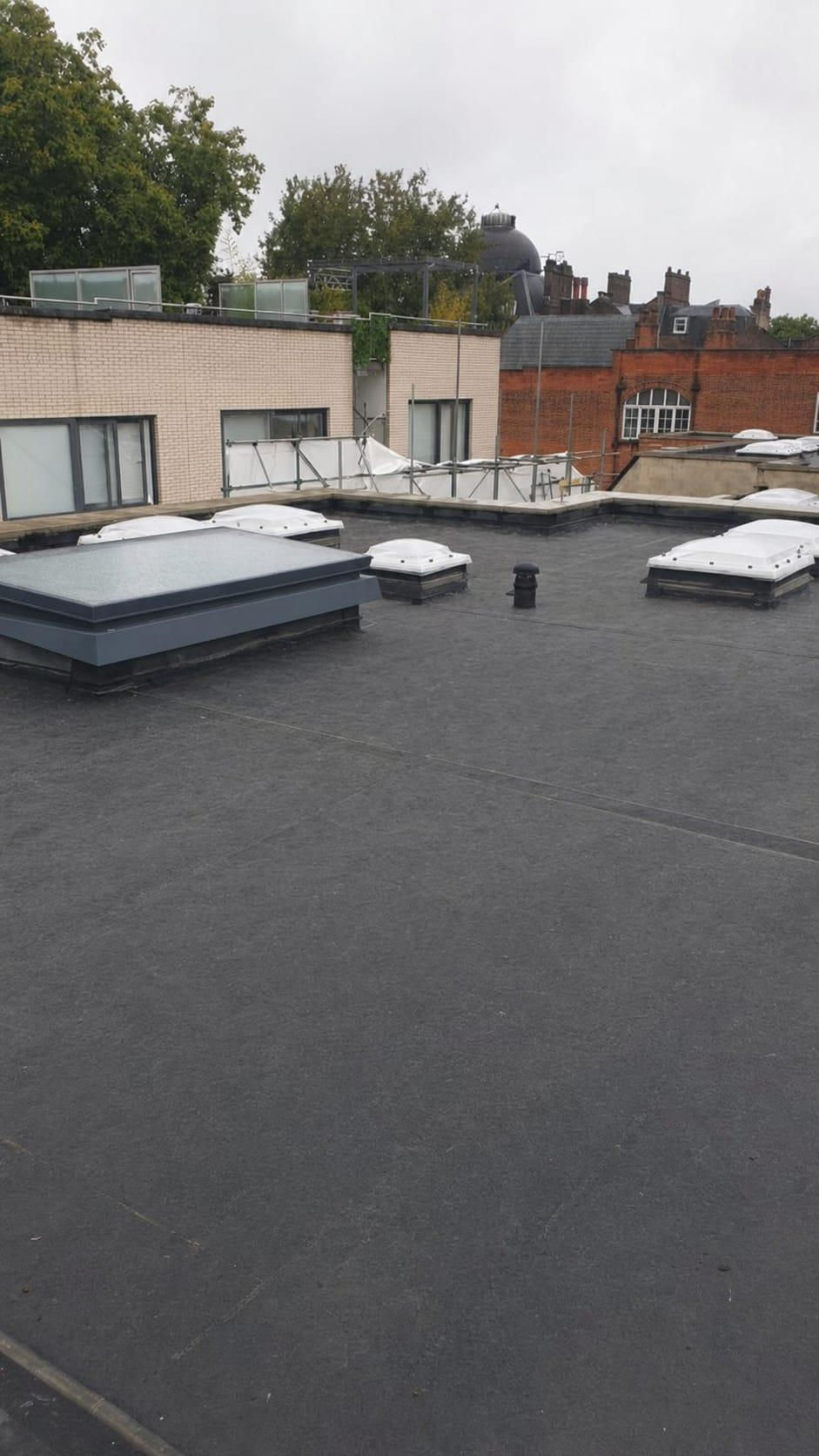 Flat commercial rooftop with multiple dome skylights and urban buildings behind