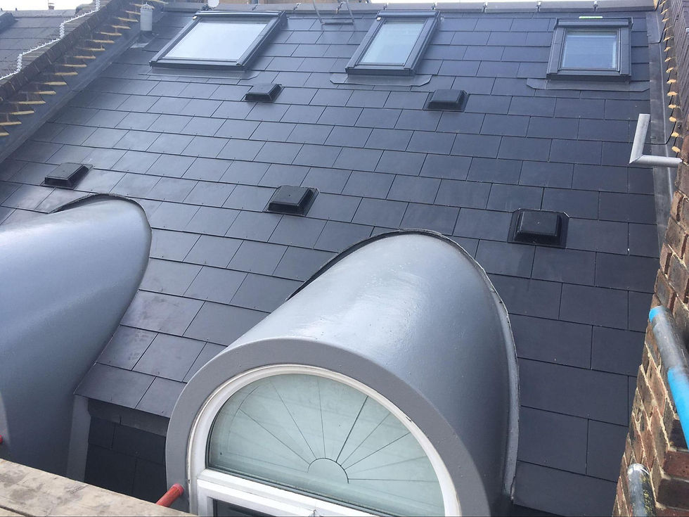 Dark slate roof with multiple skylights and a curved dormer window below
