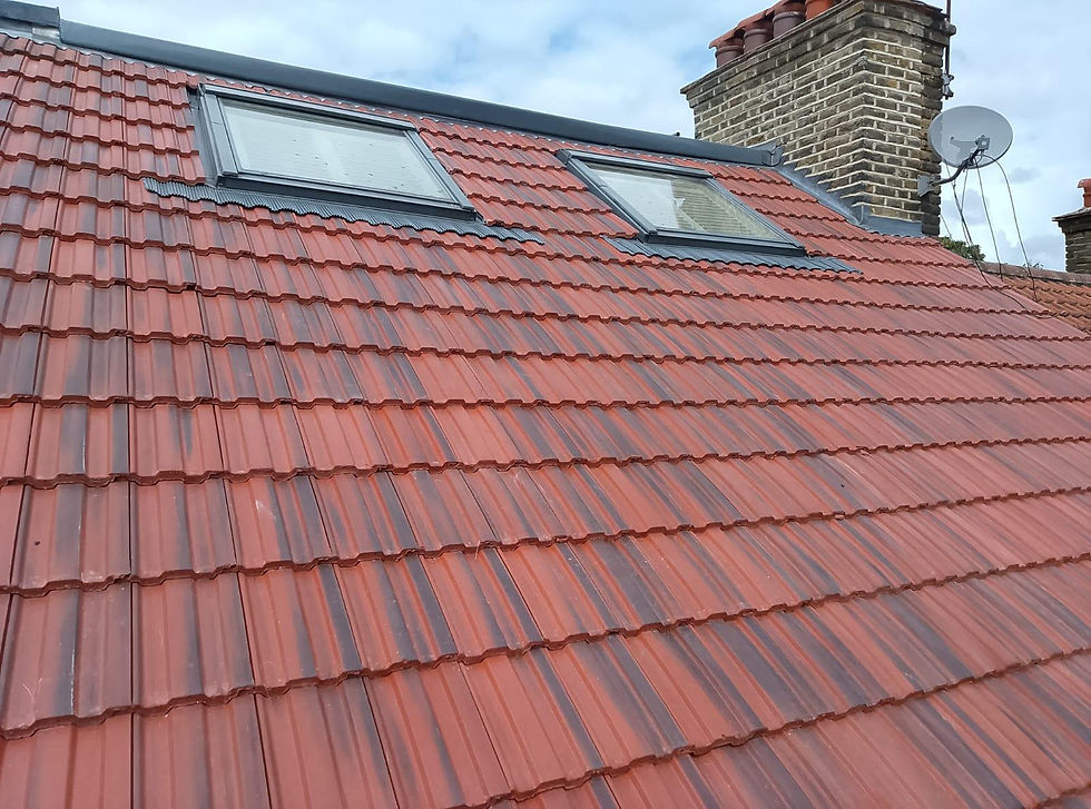Red tiled roof with two skylights and a brick chimney