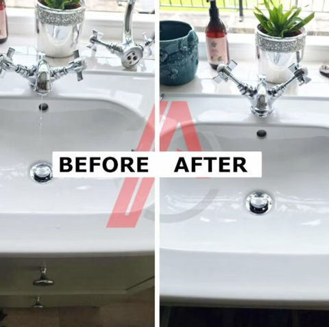 Before and after of updating bathroom sink faucets and basin hardware