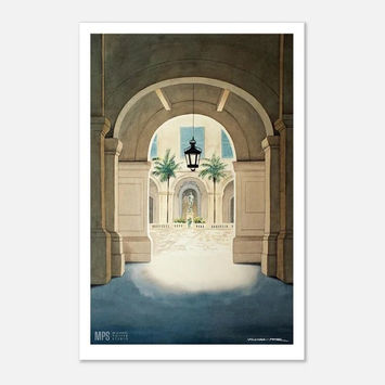 Artistic print showing a shaded grand archway opening into a bright courtyard with palm trees