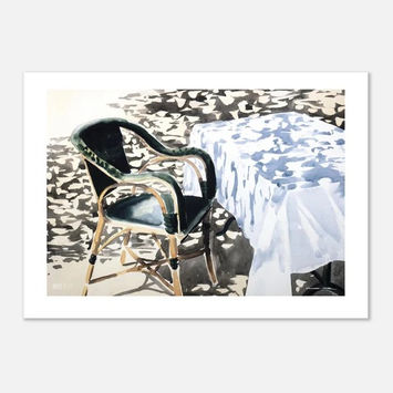 Illustrated print of a outdoor cafe table with a tablecloth casting dappled shadows next to a black woven chair