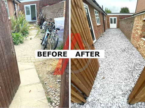 Before and after of an overgrown alleyway replaced with a clean gravel path