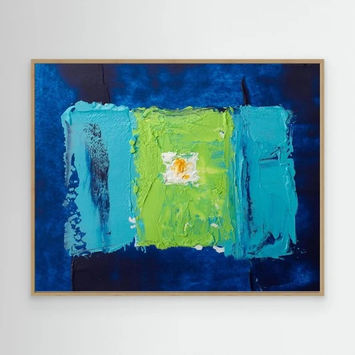 Abstract textured oil painting with blue, turquoise, and bright green block colors centered on a dark blue background