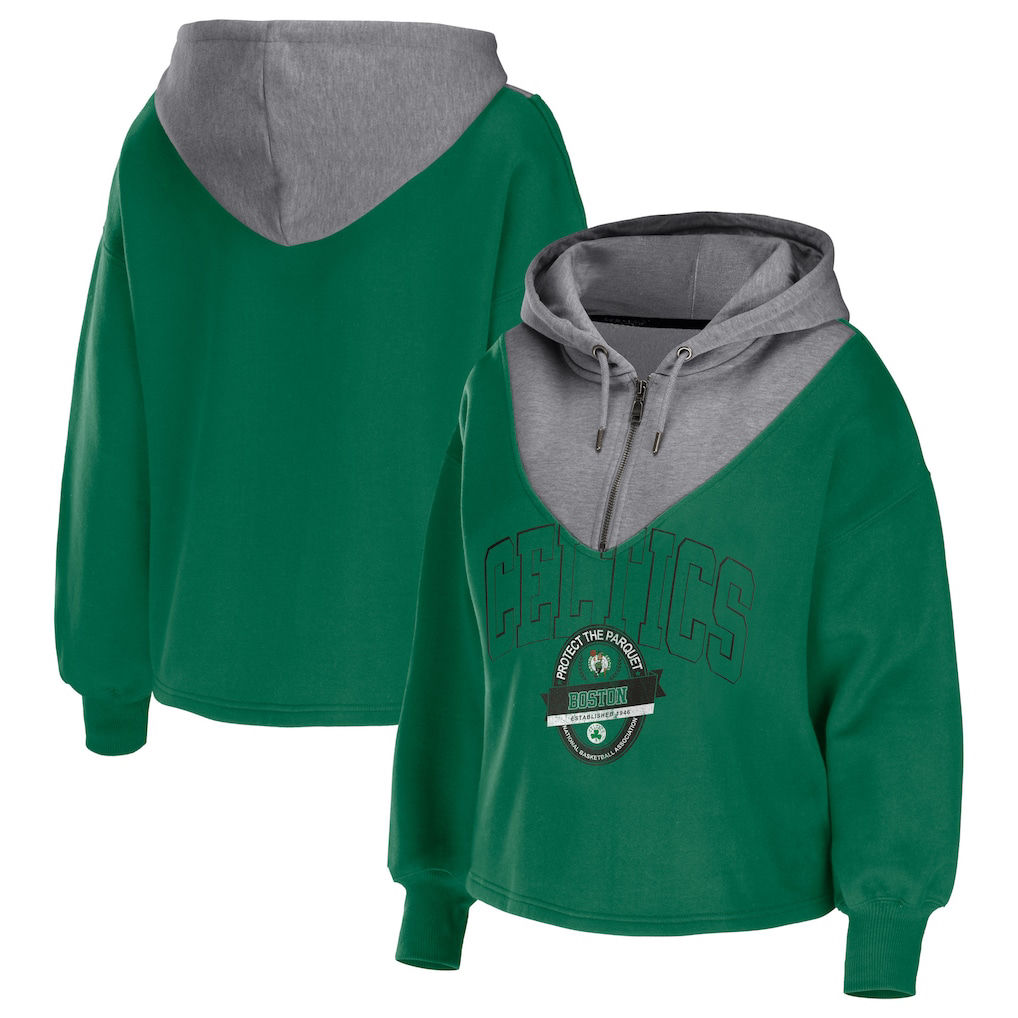 Women's WEAR by Erin Andrews Hunter Green Milwaukee Bucks Pieced Quarter-Zip Hoo