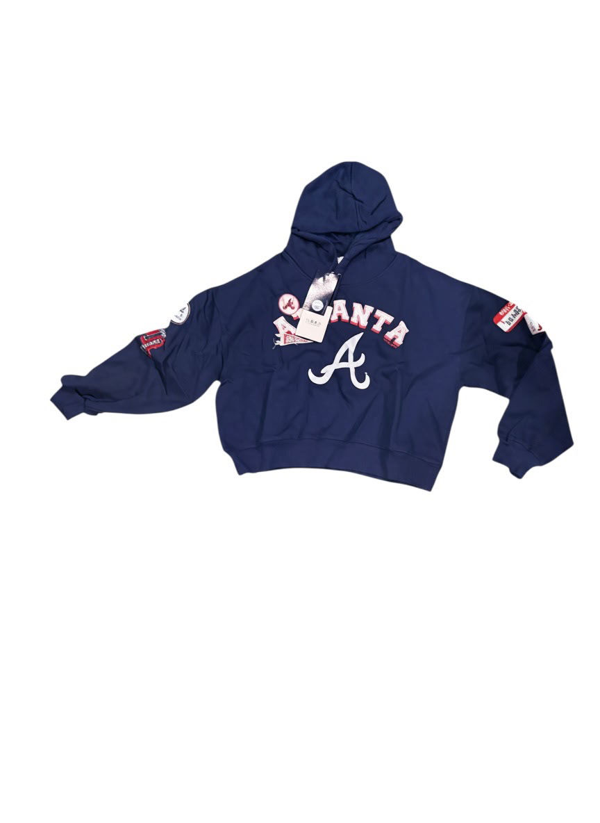 Thumbnail: Women’s Atlanta Braves Wear Navy Modest Patches Cropped Pullover Hoodie 