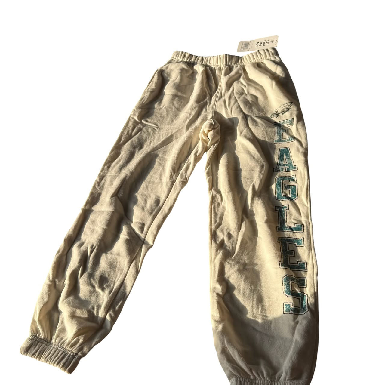 These cream-colored joggers feature the Philadelphia Eagles logo printed in teal