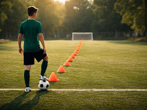 Player pauses by cones with ball reflecting youth football stagnation