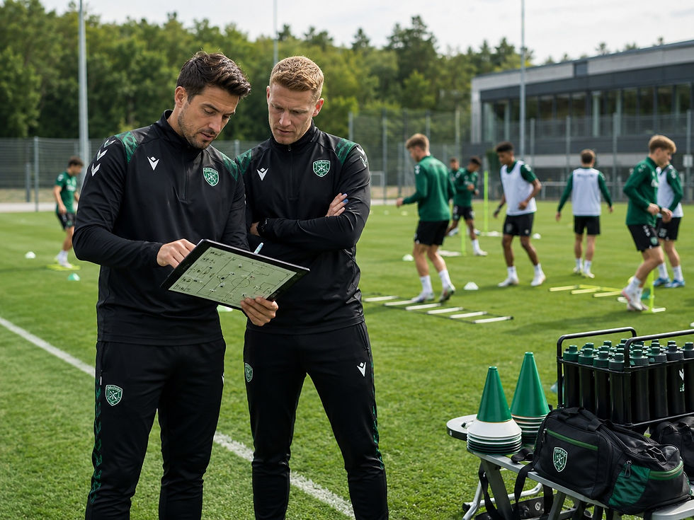 Academy Preseason Planning with two academy coaches reviewing training tactics while U14-U19 football players prepare on the pitch.