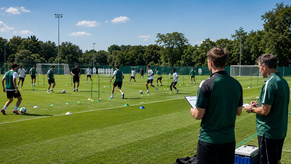 Academy Coach Evaluation in a competitive squad, with staff using notes and observation while teenage footballers train on the pitch.