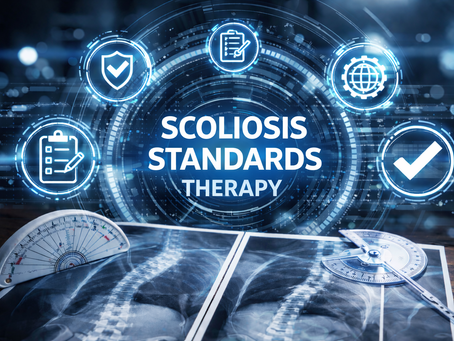 Φωτορεαλιστική εικόνα με ακτινογραφίες σπονδυλικής στήλης και εργαλεία αξιολόγησης, που συμβολίζει θεραπεία χωρίς κηδεμόνα σκολίωσης, ασκήσεις για σκολίωση και φυσιοθεραπεία σκολίωσης.