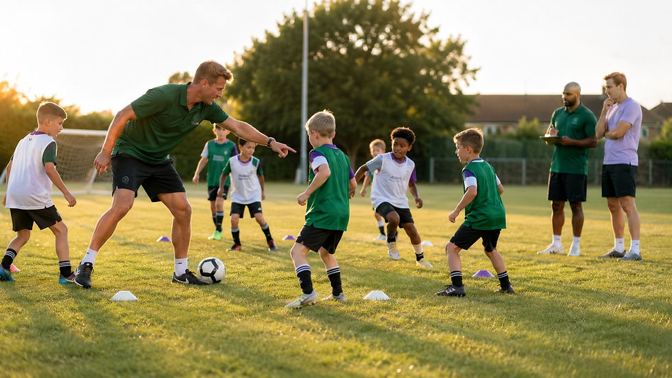Grassroots Coach Evaluation during a summer training session, with club staff observing a coach as young grassroots players practise on a community football pitch.