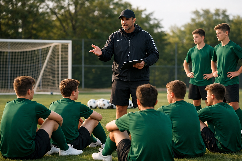 Fair Teaching Coach guiding teenage footballers with clear, consistent standards