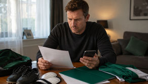 Father reviewing football paperwork at home, showing the pressure behind Academy Release Requests and youth football decisions.