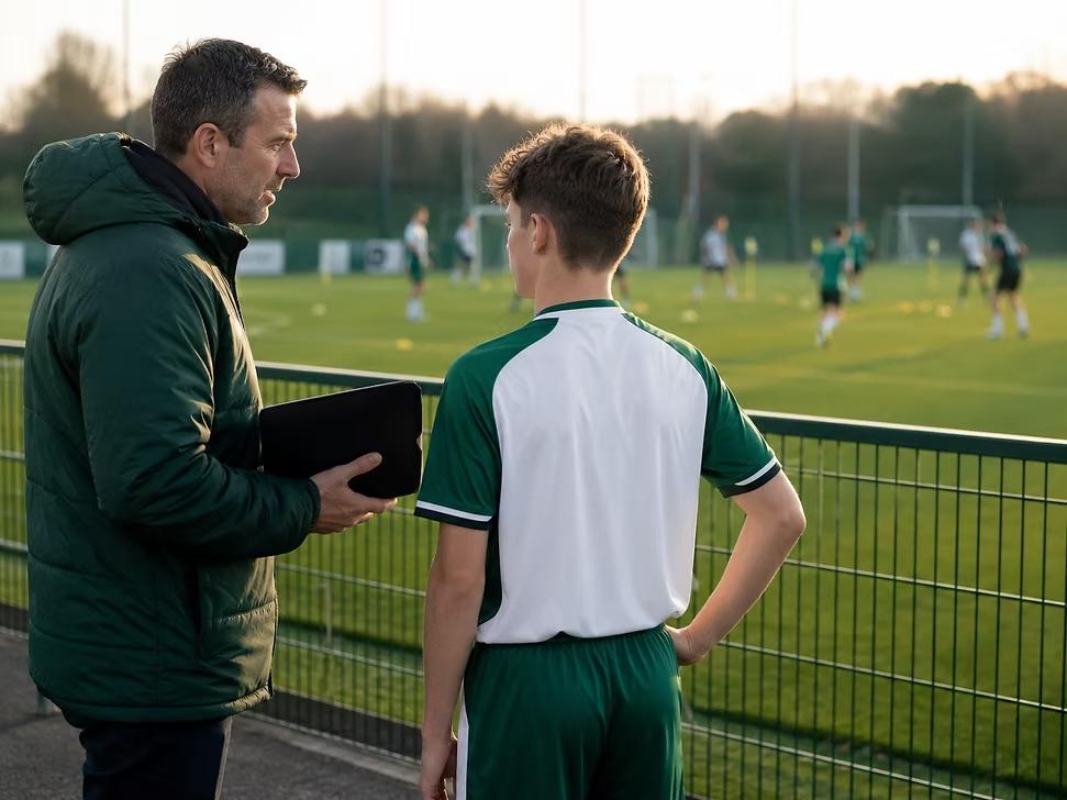 Youth Transfer Rules: a coach speaks with a young footballer beside the training pitch, discussing a possible academy move.
