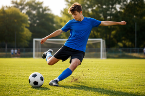 Λάκτισμα στο ποδόσφαιρο: έφηβος ποδοσφαιριστής με μπλε φανέλα και μαύρο σορτς σουτάρει σε γήπεδο