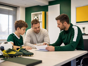 Youth Transfer Rules: a young footballer sits with his parent and coach in an academy office, reviewing paperwork before a possible move.