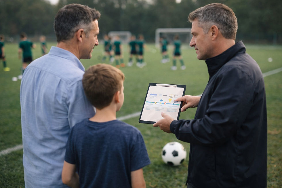 Προπονητής δείχνει πλάνο ανάπτυξης σε γονιό παιδί δίπλα γήπεδο ήρεμα