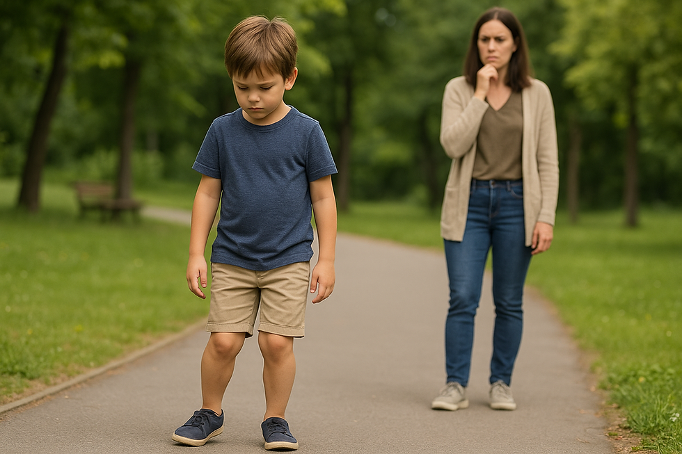 Here’s a clean, professional alt text for the website: **Alt text:** *Young boy walking with feet turning inward while his concerned mother follows behind in a park.*