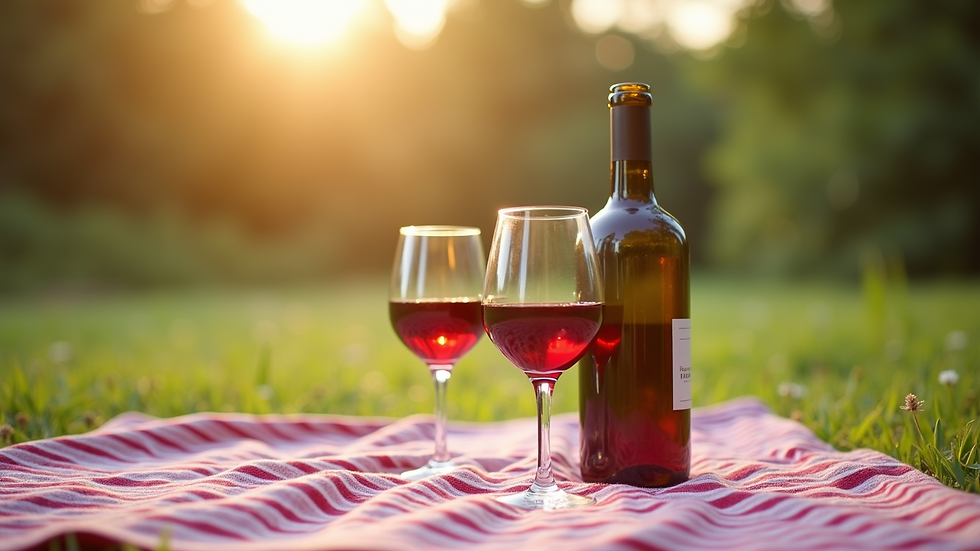 Close-up view of a wine bottle and glasses on a picnic blanket