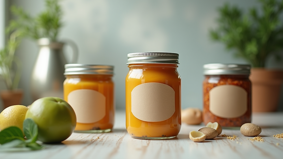 Eye-level view of reusable glass jars with eco-friendly labels
