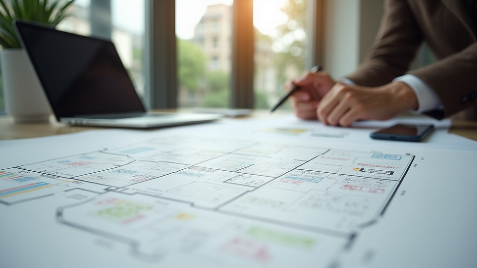 Close-up view of a floor plan layout on a table
