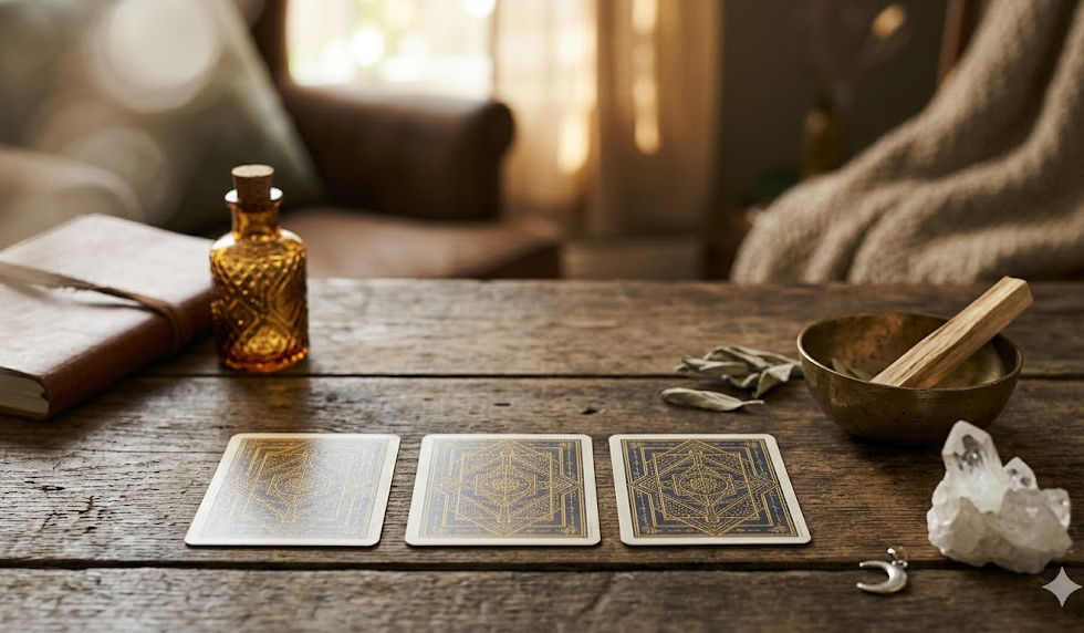 Mesa ritualística com cartas de tarot, cristais e diário de reflexões