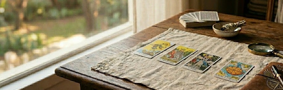 Cartas de tarô sobre mesa rústica junto à janela, com livros e lupa, em ambiente calmo e místico.