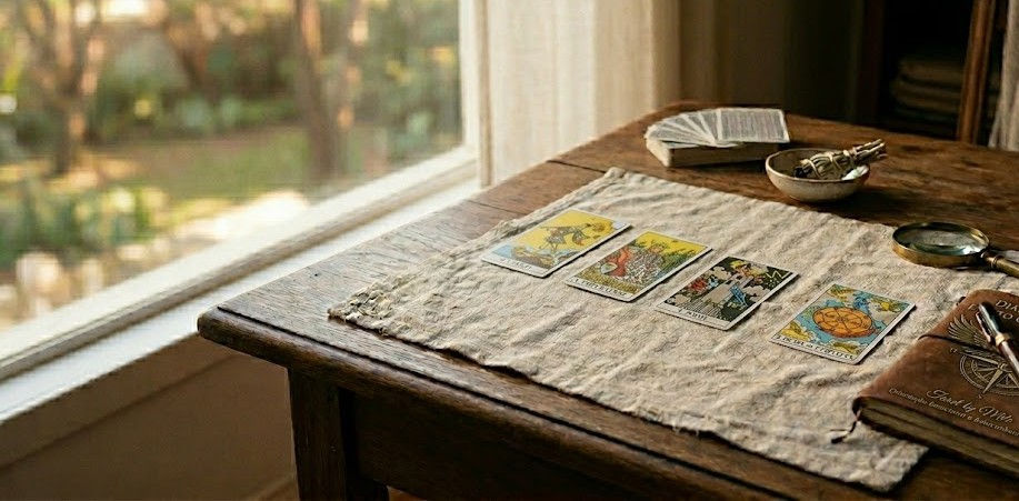 Cartas de tarot abertas ao lado de caderno de anotações representando reflexão e autoconhecimento