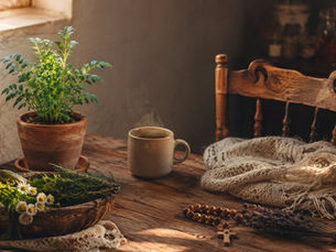 Mesa rústica com vaso de ervas, xícara fumegante, rosário, cesta de flores e xale de crochê à luz da janela.