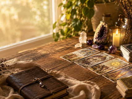 Ambiente acolhedor preparado para leitura de tarot focada em orientação emocional