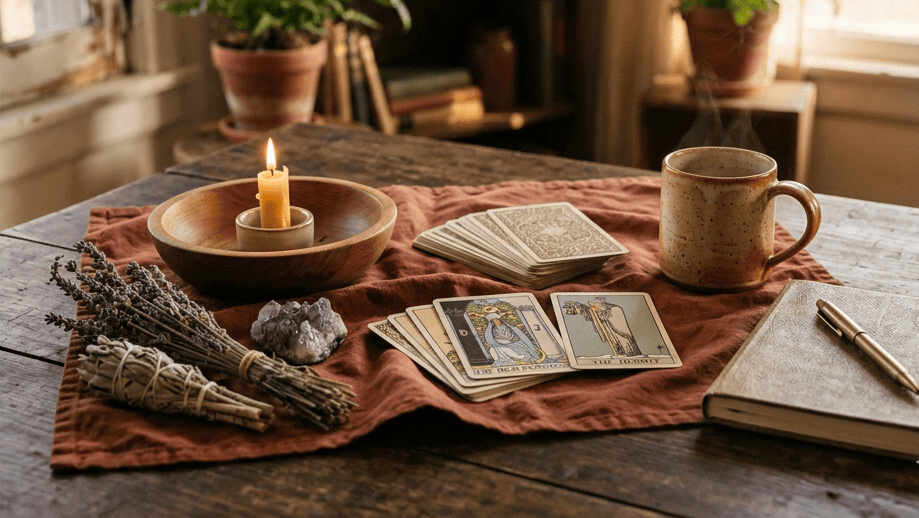 Mesa com cartas de tarô, vela acesa, ervas secas, cristais, caneca e caderno; ambiente acolhedor e místico.