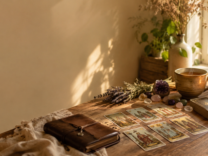 Cartas de tarot espalhadas sobre mesa representando autoconhecimento e reflexão