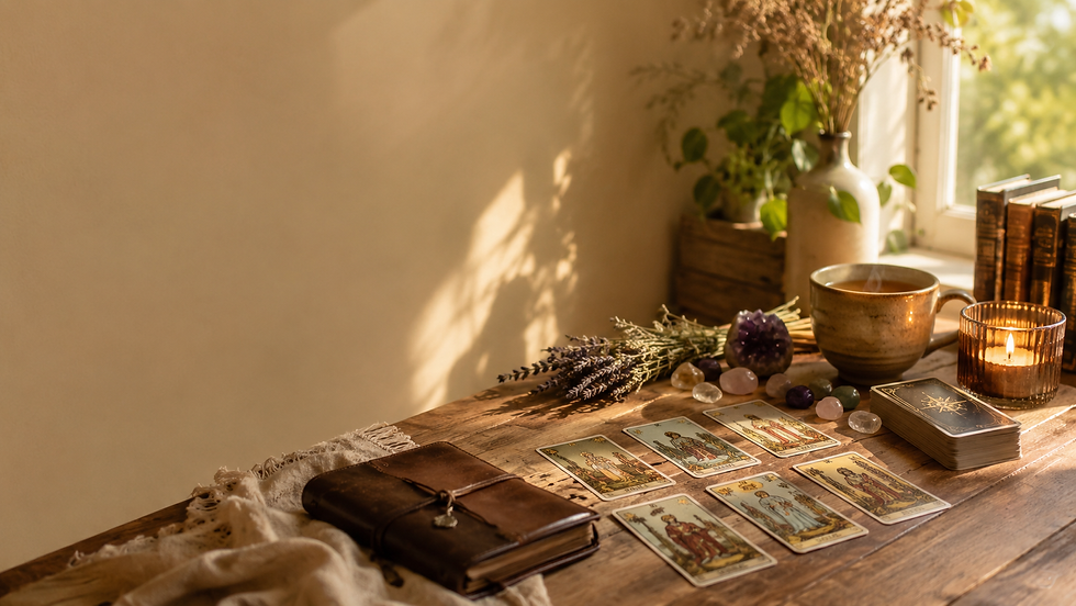 Cartas de tarot espalhadas sobre mesa representando autoconhecimento e reflexão