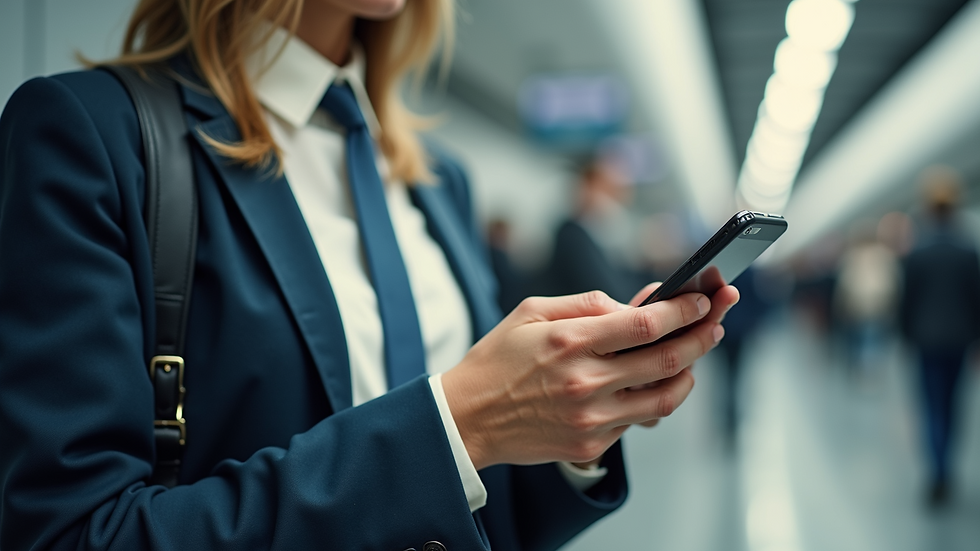Eye-level view of a traveller enjoying mobile connectivity abroad