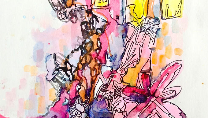 An expressive abstract watercolor artwork featuring intertwined organic forms, flowers, and pastel city-like shapes in pink, blue, yellow, and violet tones, symbolizing growth, connection, and shared journeys.