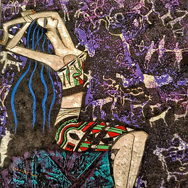 An expressive artwork of a graceful woman with flowing dark hair set against a textured purple background filled with abstract figures, symbolizing love, emotion, freedom, and feminine energy.