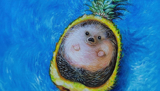 A whimsical painting of a tiny hedgehog curled comfortably inside a pineapple floating against a vibrant blue background, expressing warmth, playfulness, and gentle humor.