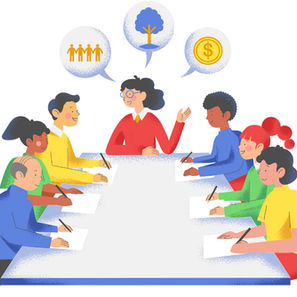 Ilustração mostra diversas pessoas em uma sala de reunião discutindo negócios