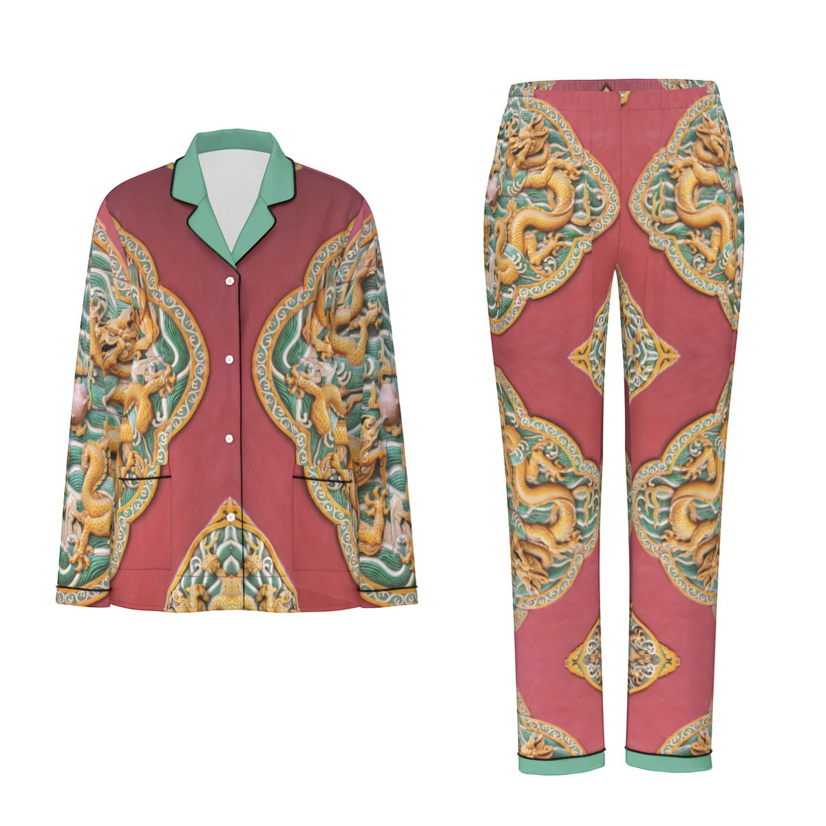 Dragon Lady Long Sleeve Pajama Set With Black Contrast Piping