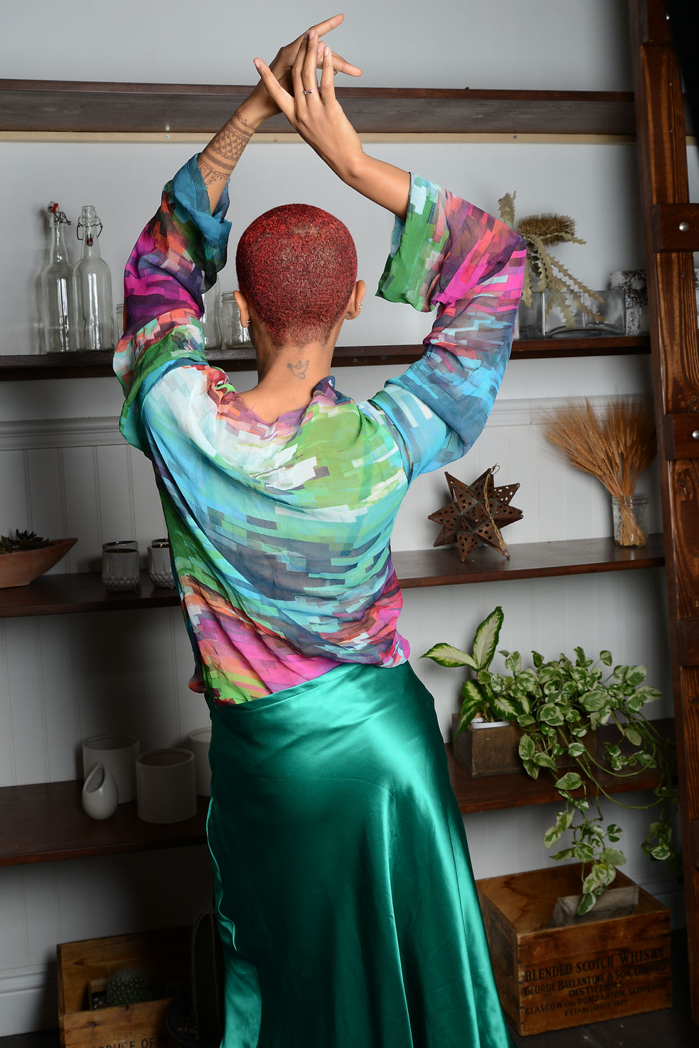 Thumbnail: Rainbow Chromatograph Silk Draped Cowl Neck Blouse
