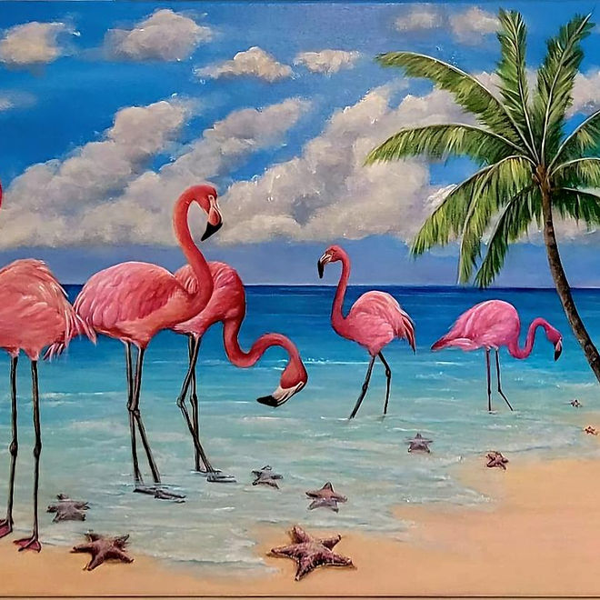 Flamingos on Beach' Matted Print | Sandy Ercol Artistry