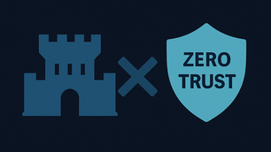 Blue castle and shield symbols with "ZERO TRUST" text on a dark background. Title above reads "Why ‘Castle and Moat’ Security No Longer Works."