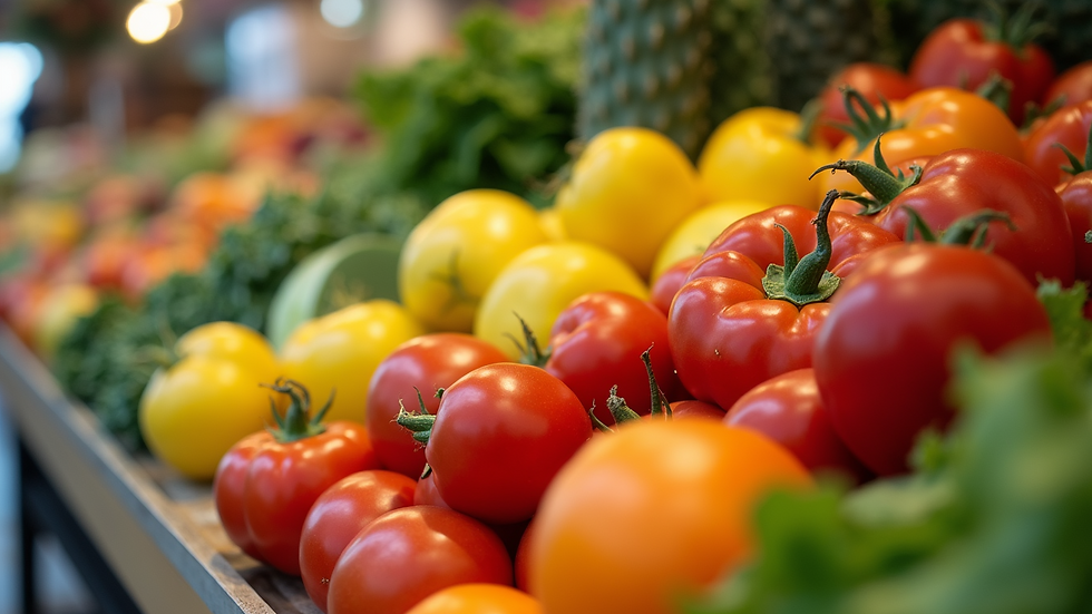 Eye-level view of a colorful array of fresh fruits and vegetables